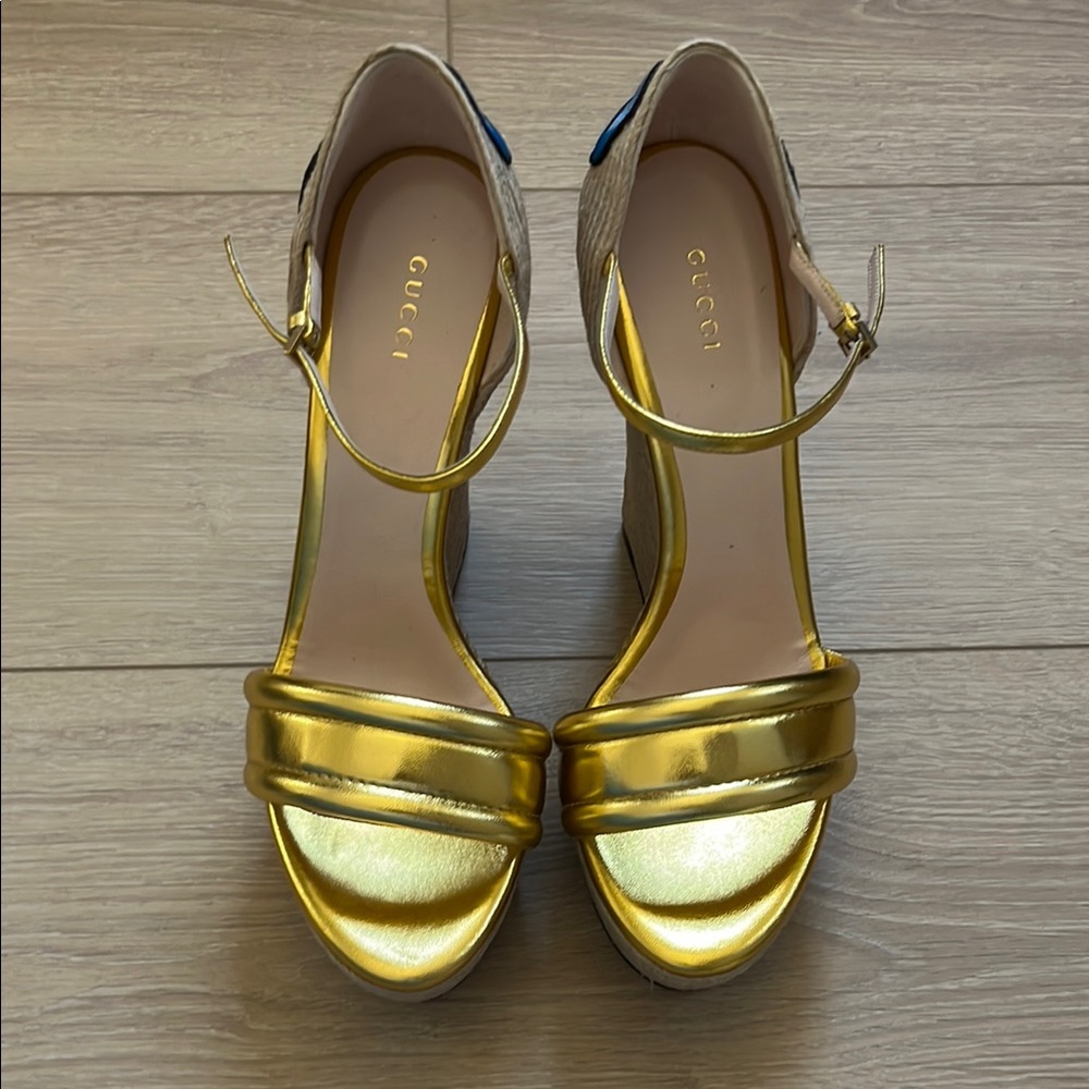 Gucci Gold Wedge Sandals with T-Strap Design Stitch Floral Size 42